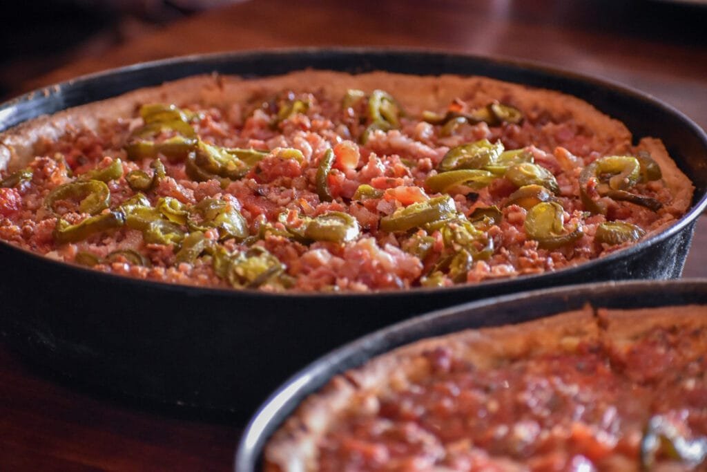 Chicagoans look away: "Rance's Favorite" is a pie that bucks tradition, putting—*gasp*—jalapeños, bacon, and meatballs on its deep dish pizza. Photo by Brian Addison.