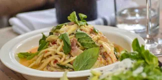 The chitarra with Dungeness crab and guanciale from Nonna Mercato. Photo by Brian Addison.