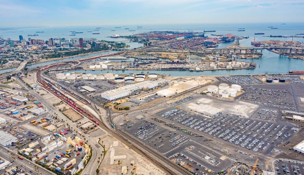 An aerial of the Port of Long Beach's Pier B, the site of the on-rail project. Courtesy of the Port of Long Beach.