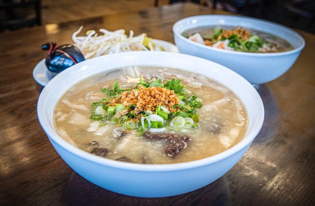 Rice porridge from Phnom Penh Noodle Shack—one of the best restaurants in Long Beach. Photo by James Tir.